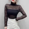 Autumn Long Sleeve White Blouse Women High Elastic Mesh Lace Pullover Casual Pleated Shirt Tops Mujer 10458 210512