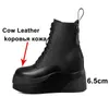 Meotina Women Ankle Boots Shoes Real Leather Platform Wedge Heels Short Boots Lace Up Zipper Boots Lady Autumn Winter Black 40 210608