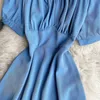 Lato niebieski / różowy / beżowy koronki patchwork frezowanie sukienka kobiety rocznik kwadratowy kołnierz krótki rękaw puffowy A-line Slim vestidos 2021 nowy Y0603