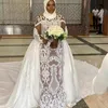 2022 Plus Size Abiti da sposa a sirena musulmana Abito da sposa con strascico staccabile Fiocco in raso Applique in pizzo Maniche lunghe Designer su misura Africano vestido de novia