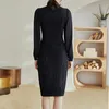 ファッションデザイナーネイビーブルーボウタイツイードドレス春女性長袖二重抽選ビンテージウールローブ210520