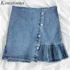 Kimutomo Saia Assimétrica Mulheres Primavera Verão Moda Coreana Feminina Fivela Sólida Fishtail Cintura Retro Slim Denim Saia 210521