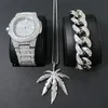 Boucles d'oreilles collier de luxe Men de luxe en argent en argent bracelet Bracelet Bracelet Définit le pendentif en feuilles cubaines Hip Hop pour