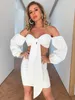 Nattemaid Bow Tie Crop Top och kjolar 2 stycken Set Kvinnor Långärmad Solid Två Piece Set Sexy Off Shoulder Bodycon Outfits 2021 Y0625