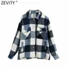 Zevity Womenビンテージスタイリッシュなポケットパッチ特大のチェック柄ジャケットラペルカラー長袖ルーズアウターコートシックトップスCT611 210603