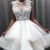 New Lovely Short Lace Sleeveless Bridal Dresses Knee Length Illusion O Neck Wedding Gowns For Bride Cut Out Back Ut