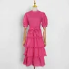 Yellow Patchwork Vintage Dress For Women Stand Collar Puff Short Sleeve High Waist Pleated Dresses Female 210520
