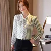 Herfst Lace-up Chiffon Blouse Gestreepte Bow-Collar Office Lady Woman Blouses Light Green Long Mouw Dames Shirts 10891 210518