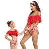 Summer Family Matching Swimsuit 2-pcs Sets shoulderless Bikini + Floral Swimming Trunks Mother Daughter Clothes E2013 210610