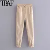 TRAF Mujeres Moda Bolsillos laterales Faux Leather Jogging Pantalones Vintage Cintura alta elástica Cordón Mujer Tobillo Pantalones Mujer 211115