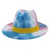 Fashion Flat Brim Jazz Felt Hat New Arrival Trendy Lady Colorful Tie Dye Panama Faux Wool Fedora Hat Cap with Yellow Band258H