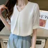 Elegant Pullovers Tops Shirts Women Chic Cuff Design Beaded White Work Wear V Neck Short Sleeve Female Blouse Summer 210601