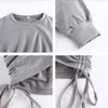 Streetwear Solid Side Drawstring Svart Sexig Kort Klänning Kvinnor Höst Långärmad Bodycon Grey Mini Dresses Party Vestidos 210510