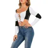 Koszulka damska z długim rękawem szwu kolor bloku patchwork Slim fit skinny Lace-up Hollow Out Short Streetwear 210522