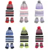 Çocuklar Kış Örgü 3 adet Beanie Şapka Eşarp Eldiven Seti Kontrast Renk Çizgili Kalın Peluş Çizgili Ponpon Kafatası Kap Boyun Isıtıcı