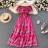 Mulheres Moda Sexy Sweet Slash Neck Ruffled Feriado Slim A linha Vestido Verão Impresso Vestidos S831 210527