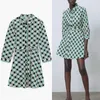 Za Print Belt Green Mini Dress Women Vintage Long Sleeve Shirt Dresses Woman Fashion Front Button Summer Vestidos 210602