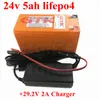 Marca 24V 5AH LIFPO4 Bateria recarregável com BMS para 24V E Bicicleta Energia Solar Armazenamento Power Potência + 29.2V 2A carregador