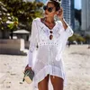 Flared Sleeves Hollow Out V-neck Sexy Crochet Dress Summer Brazilian Swimsuit Cover Up Loose Casual Tunic Robe Plage Beachwears 210604
