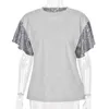 Moda lantejoulas blusa camisa splicing solta o-pescoço tops tee verão casual senhoras tops mulheres manga curta blusas pullover x0521