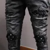 Człowiek Zużyty Patch Black Dżinsy Uszkodzenia Stretch Slim Fit Denim Spodnie