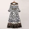 EXCELLENT QUALITY est Designer Long Dress Women's Elegant Lantern Sleeve O-Neck Retro Floral Printed Casual 210521