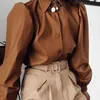 Brown Vintage Faux PU Leather Y2k Jacket Fashion Women Spring Harajuku Long Puff Sleeve Coat Turn-Down Collar Button Outwear 210510