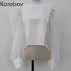 Korobov Elegante Spruff Sleeve Blusa Mulheres Ver através de Collar Stand New Chic Blusas Femme Estilo Coreano Camisas Femininas Vintage 2D612 210430