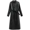 Couro feminino faux lautaro primavera outono longo roxo negro preto exército impermeável casaco macio mulheres faixas zip up elegante moda de luxo