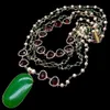 Y·YING natural 4 Strands Cultured White freshwater Pearl Red Crystal Bezel Chain statement Necklace green stone pendant necklace