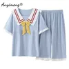 Marynarki wojennej Collared Damskie Piżama Zestaw Letnich Szorty Bawełniane Homewear Duży Rozmiar 3XL 4XL 5XL Woman Sleepwear Soft 210809