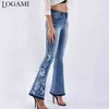 Logami Çiçek Nakış Skinny Jeans Kadın Vintage Flare Denim Pantolon Bayan 211129