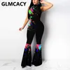 Women Pouring Painting Printed Jumpsuit Sleeveless Slim Elegant Overalls Flare Jumpsuits 210702