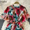 Neploe New Flare Sleeve Flower Print Bodycon Vestidos Above Knee Slim Waist Women's Dress Bandage Summer Ruffled Femme Robe C0607