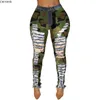 Höst vinter kvinnlig denim pant skinny hål spliced ​​camouflage print jeans sexig penna bandage byxor hsf2096 210809