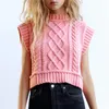 BLSQR Sweet Fashion CabLe Knitted Crop Vest Sweater Women Vintage O-Neck Sleeveless Female Waistcoat Pink Chic Tops 210430