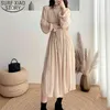 Apricot Dresses Plus Size M-4XL Spring Elegant Pleated Chiffon Dress Women Stand Collar High Waist Loose Vestidos 12536 210506