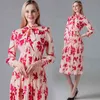 Fashion Runway Designer Summer Dress Colletto con fiocco da donna Elegante stampa floreale rosa Pieghettato Vintage 210519