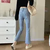 Bleu avant fente cloche bas Jean élastique maigre Flare fille Denim pantalon Streetwear cheville-longueur pantalon 210809