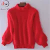 Branco Mohair Engrossar Turtleneck Sweater Outono Inverno Doce Moda Lanterna Sleeve Casual Color Sólido Pullover Pullover Pull Femme 210812