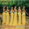 Yellow Druhna Suknie Z Stroną Split Backless Kobiety Long Mermaid Spaghetti Pasek Wedding Party Sukienka Maid of Honor