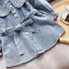 Robes d'enfants de printemps en gros pour filles Denim robe à manches longues ceinture revers E8987 210610