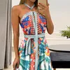 Vestidos casuais mulheres bohemian impresso maxi vestido sexy alta split verão praia halter sem mangas