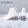 SOPHITINA Bottines pour femmes Mode Slip sur Couleur Treillis Carré Chunky Talons Chaussures en cuir avec fermeture à glissière latérale Dames Boot PC656 210513