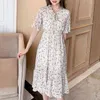 Women Retro Printed Dresses Short Sleeve Summer Freach Floral Pleated Female Bow Collar Chiffon Fashion 210423