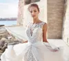 2021 Appliques Ginocchio Lunghezza Abiti da sposa Bohemian con treno staccabile Beach Abito da sposa Sheer Bateau Collo Backless Boho Bidal Gowns