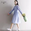 Mori Girl Dress Autumn Women Students Literaria Rayas Longy Manga larga Peter Pan Collar Algodón 210520