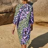 O-Neck Boho Print Loose Casual Dresses Womens Fashion Summer Holiday Style 3/4 Sleeve Knee Length Dress 210510