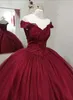 Dark Red Ball Gown Gothic Wedding Dresses With Color Glitter Tulle Beaded Lace Off the Shoulder Corset Back Princess Colored Arabic Bridal Dress Custom Made