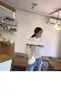 Elegante Herbst Winter Rüschen Gestreiften Weihnachtspullover Oansatz Frauen Flare Sleeve Chic Pullover Strickpullover Tops 210514